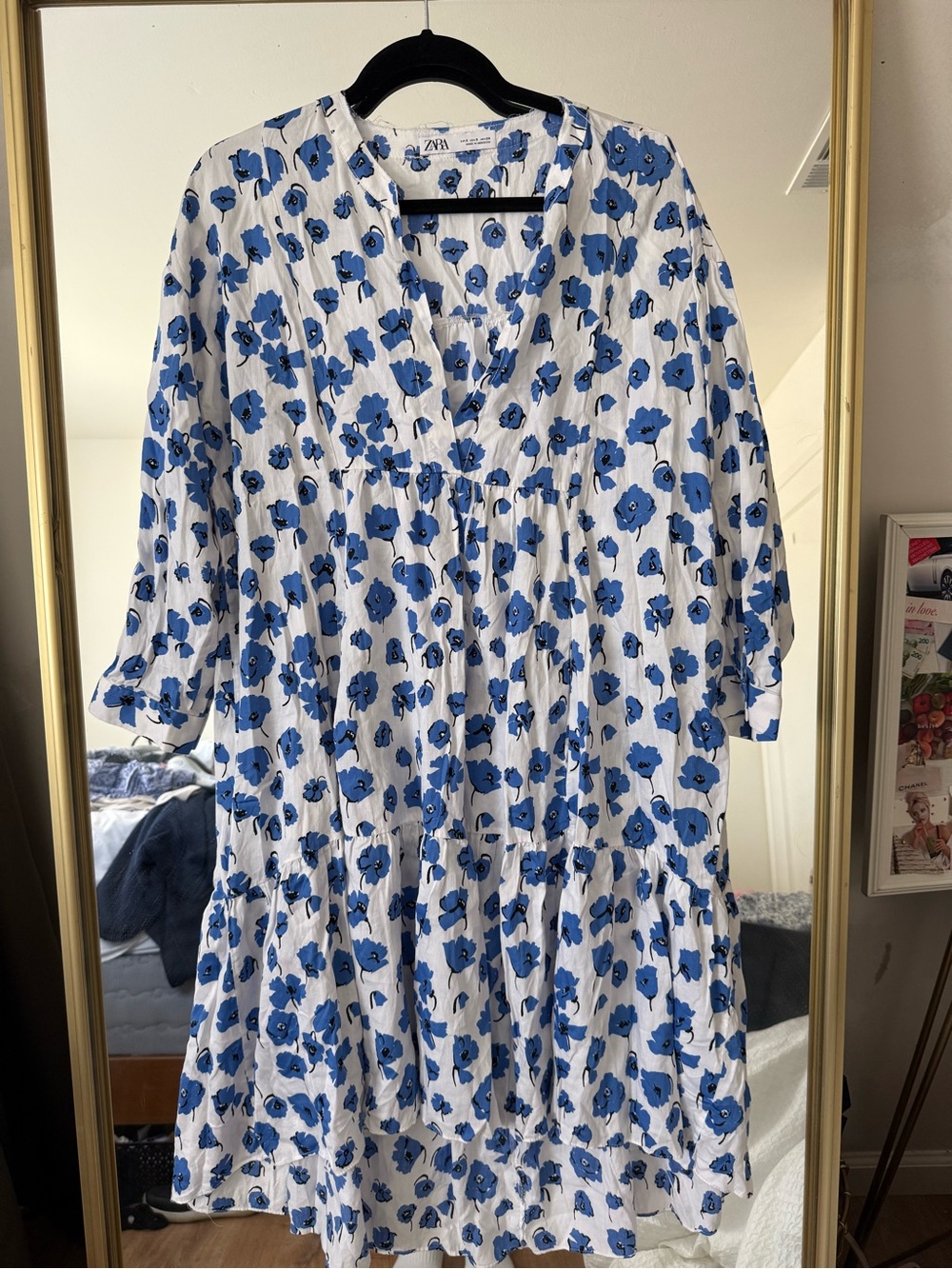 SOLD Zara White Dress with Blue Floral Pattern